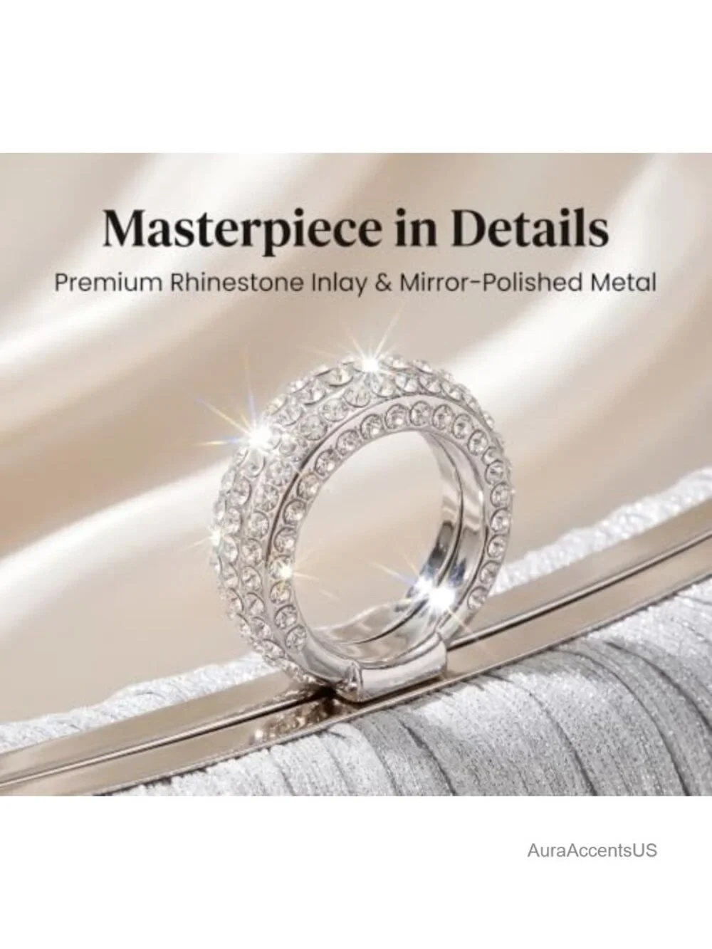 Ruched Satin Clutch with Crystal Ring Handle, Formal Party Evening Bag